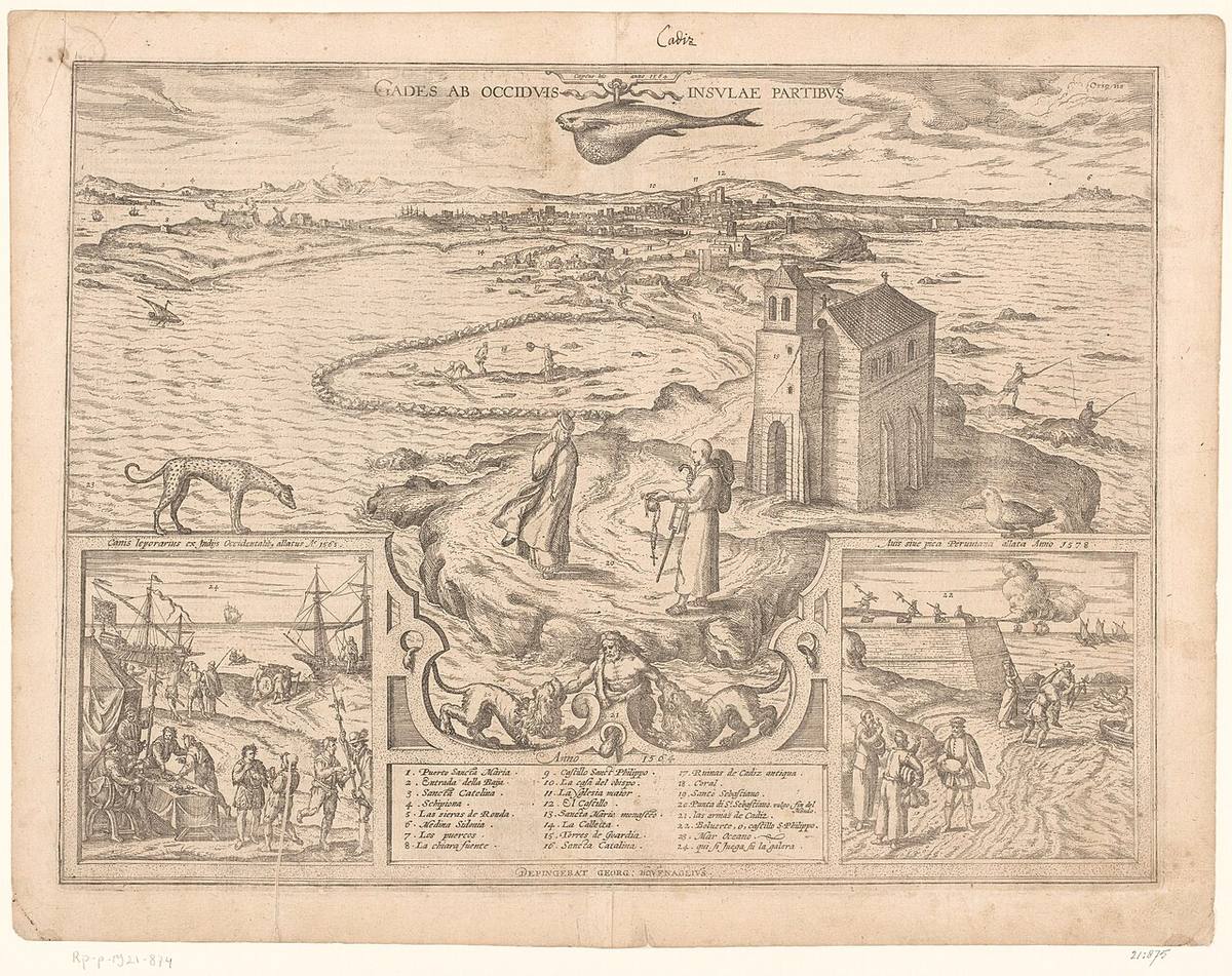 Mapa e ilustraciones antiguas de la lengua de tierra de Cádiz.