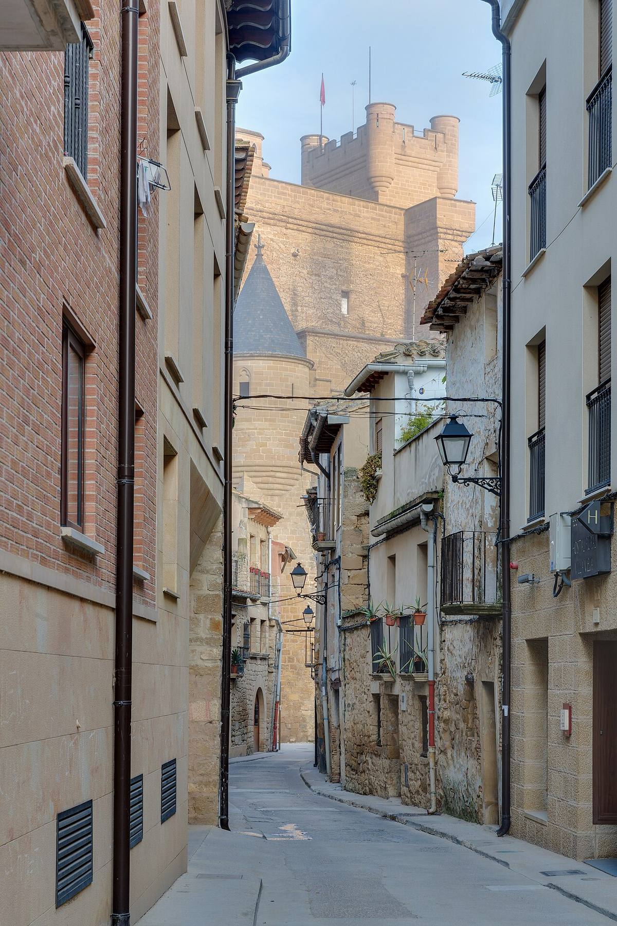 Calle estrecha con edificios residenciales y el Palacio Real de Olite al fondo.
