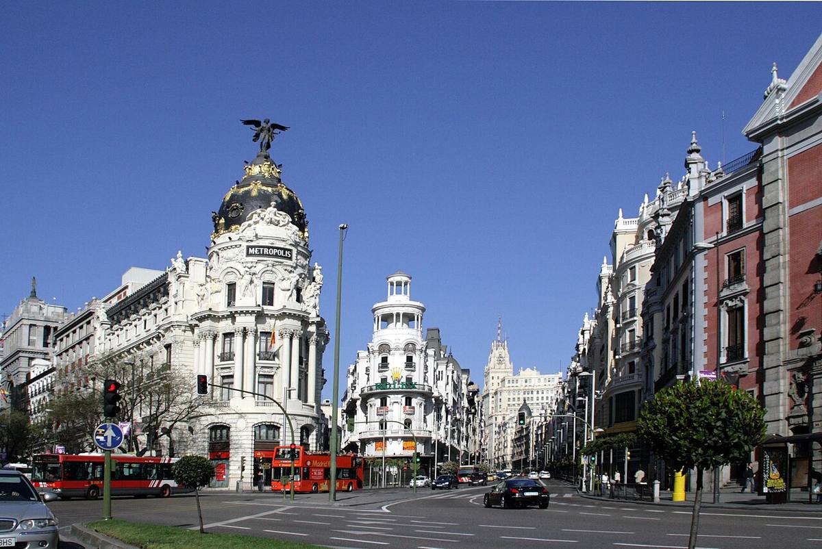 Arquitectura urbana en el cruce de la calle Alcalá y Gran Vía en Madrid.
