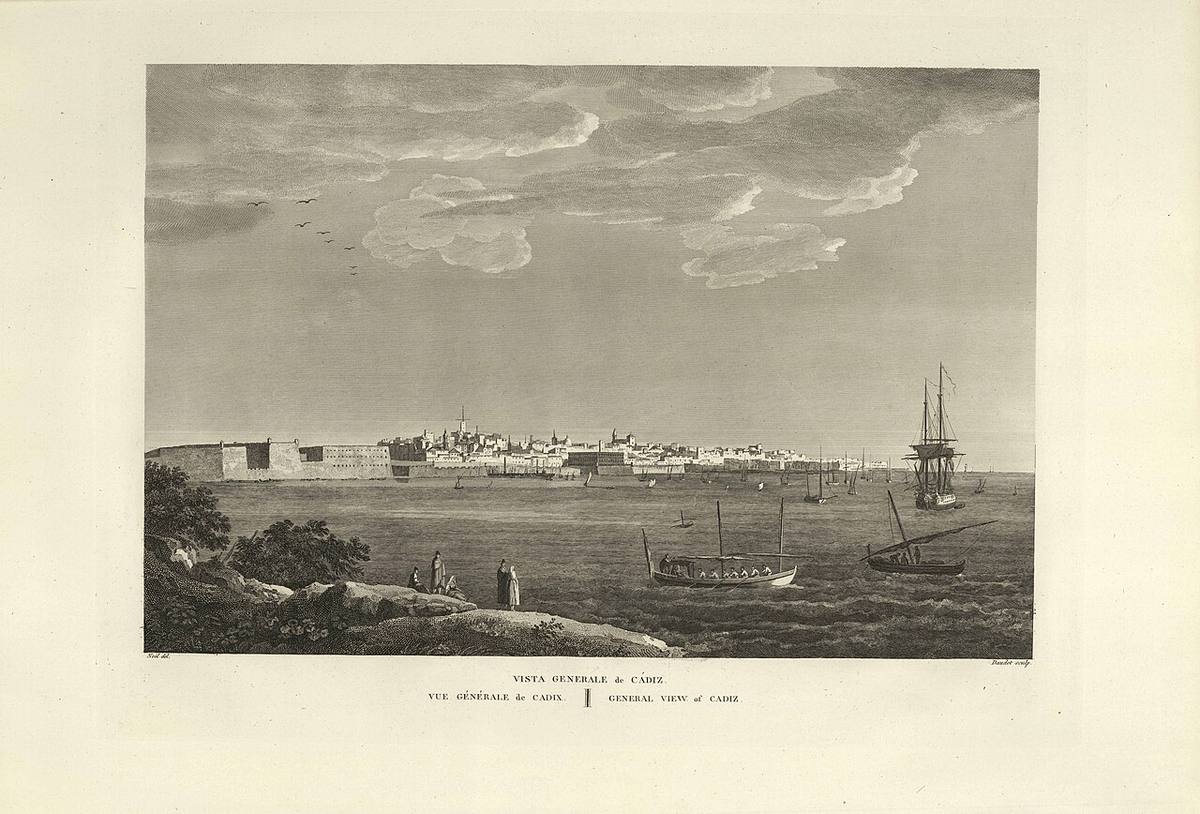 Grabado histórico con una vista general de Cádiz.
