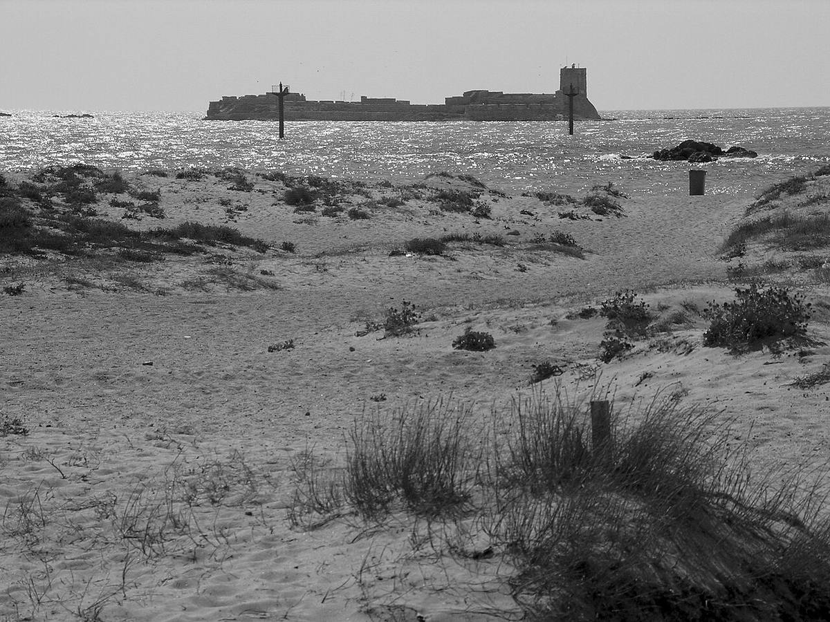 Dunas en la playa de Sancti Petri con el castillo al fondo.
