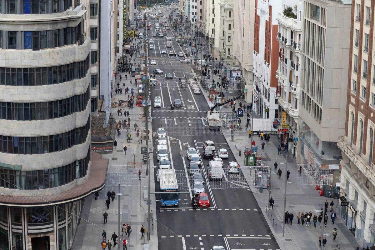 Vista aérea de la Gran Vía de Madrid, en el distrito Centro, donde los precios de vivienda han subido un 25,3%.